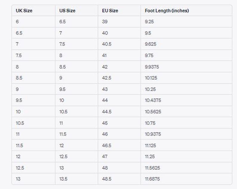 May include: A chart showing shoe size conversions for men's shoes in UK, US, and EU sizes. The chart also includes the corresponding foot length in inches.