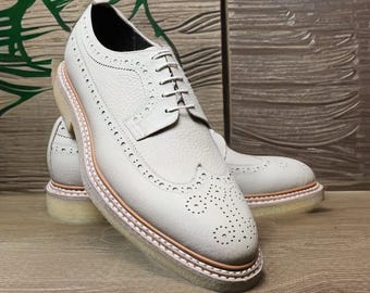 Men’s Handmade cream grain leather Oxford shoes, men’s crepe sole wingtip shoe