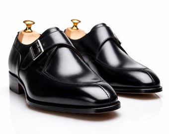 Men’s Black Leather Monk Strap Dress Shoes, Monk Shoes, Formal Wedding Shoes for Men, Office Business Shoes, Handmade Leather Footwear