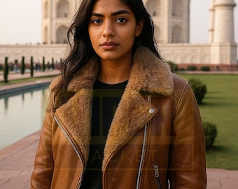 Shearling Leather Women’s Bomber Jacket, Genuine Sheepskin Aviator Coat, Stylish Winter Outerwear, Perfect Gift for Women