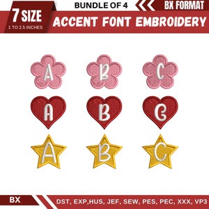 Pode incluir: Conjunto de patches bordados em forma de flores, corações e estrelas, cada um com uma letra. Os patches são nas cores rosa, vermelho e dourado. O texto "BUNDLE OF 4" e "7 SIZE" são visíveis. Tamanhos de 2.5 cm a 6.35 cm.