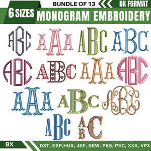 May include: A selection of monogram embroidery designs in diverse styles and colours. The image shows multiple sets of the letters A, B, and C, with different fonts and decorative elements. Text at the top reads "BUNDLE OF 13" and "6 SIZES MONOGRAM EMBROIDERY."