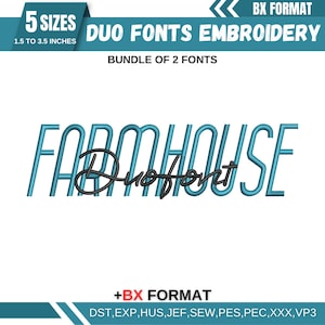 Puede incluir: Diseño de bordado para la palabra "FARMHOUSE" en una fuente azul con una firma negra "Duo Font". El diseño está disponible en cinco tamaños, de 1,5 a 3,5 pulgadas, y viene en un paquete de dos fuentes. El diseño está en formato BX e incluye los siguientes tipos de archivos: DST, EXP, HUS, JEF, SEW, PES, PEC, XXX y VP3.