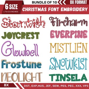 Peut inclure: Un ensemble de 10 motifs de broderie de polices de Noël, en 6 tailles de 2,5 à 8,9 cm. L'image présente des mots festifs comme "Starwish", "Fircharm", "Joycrest" et "Everpine", chacun dans un style et une couleur uniques.