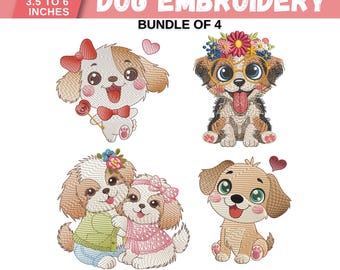 Floral Dog Embroidery Designs, Happy Pet Animal Machine Embroidery, Dog and wildflower Embroidery, Forest Animal, 6 Sizes, Instant Download