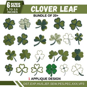 Puede incluir: Un conjunto de más de 20 diseños de bordado que presentan hojas de trébol en varios estilos y tamaños, que van de 1 a 3,5 pulgadas. Los diseños están disponibles en múltiples formatos, incluidos DST, EXP, HUS, JEF, SEW, PES, PEC, XXX y VP3.