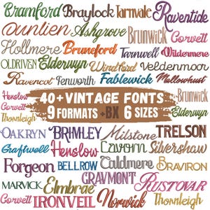 May include: A collection of vintage fonts in various styles and colors. The image displays numerous font examples, with the text "40+ VINTAGE FONTS, 9 FORMATS + BX, 6 SIZES" in the center. The fonts are in different colors.
