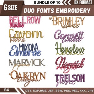 May include: A digital embroidery font bundle with 10 different font styles in 6 sizes. The fonts include names like Bellrow, Brimley, and Cavorn. The image also displays the file formats available, including DST, EXP, HUS, JEF, SEW, PES, PEC, XXX, and VP3.