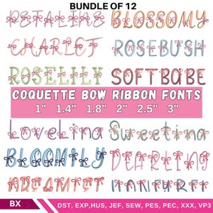Fontes de bordado à máquina Coquette Bow, alfabeto cursivo fofo com laços, fonte feminina com ponto acetinado, letras femininas, 6 tamanhos, download instantâneo