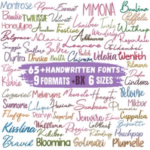 Peut inclure: Une collection de polices manuscrites de différentes couleurs, dont le rose, le bleu, le vert et le violet. L'image affiche les noms des polices, ainsi que le texte "65+ HANDWRITTEN FONTS, 9 FORMATS + BX 6 SIZES."