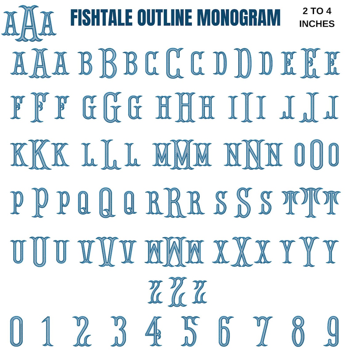Script Fishtail Font Fishtail Embroidery Monogram Font, 2 Color Embroidery Font, Puff ...