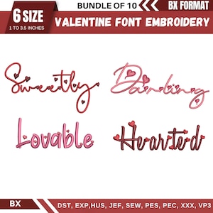 Może przedstawiać: Zestaw czcionek do haftu walentynkowego ze słowami "Sweetly", "Darling", "Lovable" i "Hearted", każdy z akcentami w kształcie serca. Zestaw zawiera 6 rozmiarów, od 2,54 cm do 8,89 cm.