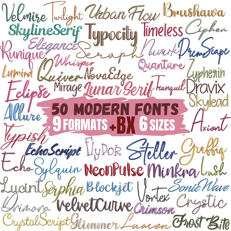 Op de afbeelding: Een verzameling van 50 moderne lettertypen in diverse stijlen en kleuren. De afbeelding bevat de tekst "50 MODERNE FONTS, 9 FORMATEN + BX 6 MATEN". Elk lettertype wordt getoond met zijn naam, wat een diverse selectie aan typografieopties biedt.