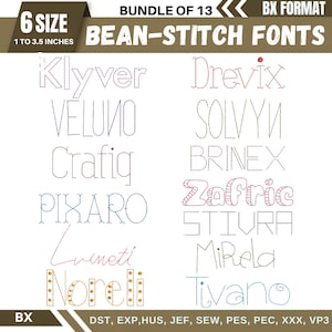 Puede incluir: Un paquete de diseño digital con 13 fuentes de puntada de frijol en formato BX. Las fuentes están disponibles en 6 tamaños, de 2,5 a 8,9 cm. La imagen muestra varios estilos de fuente, como "Klyver" y "Drevix". Los formatos de archivo incluyen DST, EXP, HUS, JEF, SEW, PES, PEC, XXX y VP3.