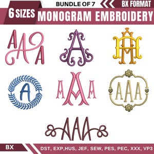 May include: A selection of monogram embroidery designs in diverse styles and colours, including pink, purple, gold, and blue. The designs feature the letters A and AAA, with the text "BUNDLE OF 7" and "6 SIZES MONOGRAM EMBROIDERY".