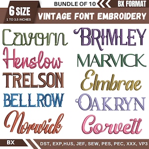Puede incluir: Una colección de diez diseños de bordado de fuentes vintage en varios colores, incluyendo verde, morado y marrón. El texto dice "BUNDLE OF 10" y "6 SIZE 1 TO 3.5 INCHES". Los diseños están en formato BX.