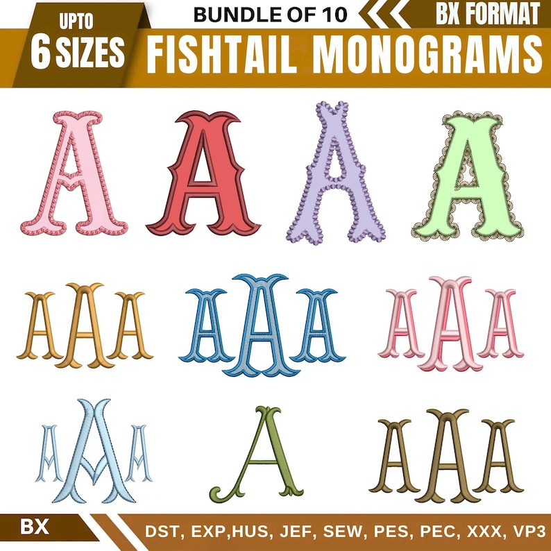 Fishtail Monogram Examples Fishtail Embroidery Monogram Font, 2 Color Monogram Font, Puff Monogram ...