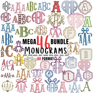 Può includere: Una collezione di 46 design di monogrammi in vari stili e colori, tra cui script, blocchi e forme di lettere decorative. L'immagine include il testo "MEGA 46 BUNDLE MONOGRAMS" e informazioni sul formato del file.