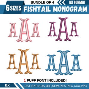 May include: A digital design bundle featuring four fishtail monogram designs in six sizes. The designs include the letter "A" in pink, purple, gold, and blue. The text "1 PUFF FONT INCLUDED!" is also present.