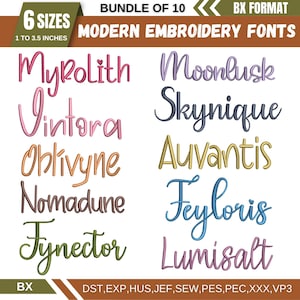 May include: An image displaying a bundle of 10 modern embroidery fonts, available in 6 sizes from 2.5 to 8.9 cm. The fonts, such as "Myrolith" and "Moonlusk", are shown in different colours. The image also includes file format details.