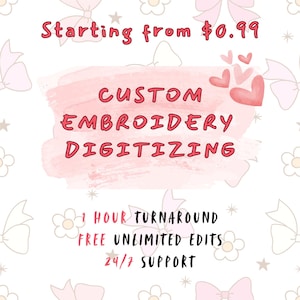 May include: A pink watercolor background with the text "CUSTOM EMBROIDERY DIGITIZING" in red.  The text "Starting from $0.99" is at the top of the image.  The text "1 HOUR TURNAROUND FREE UNLIMITED EDITS 24/7 SUPPORT" is at the bottom of the image.