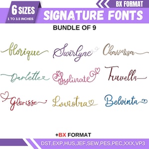 Fuente de bordado a máquina cursiva BX, alfabeto de escritura monográfica, fuente de puntada satinada, PES, DST, fuente de firma boho, 6 tamaños, descarga instantánea