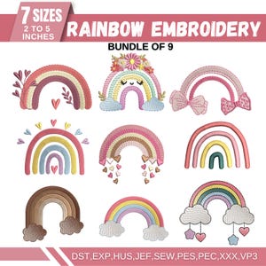 Süßer Regenbogen Maschinenstickerei, Wolke Herz Bogen Designs, florale Regenbogen Stickerei, digitale PES DST Datei, 7 Größen, Instant Download
