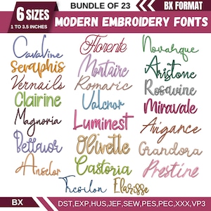 Op de afbeelding: Een bundel van 23 moderne borduurlettertypen in 6 maten, variërend van 2,5 cm tot 8,9 cm. De afbeelding toont verschillende scriptlettertypen in verschillende kleuren. De tekst "BUNDLE OF 23" en "BX FORMAT" staat bovenaan.