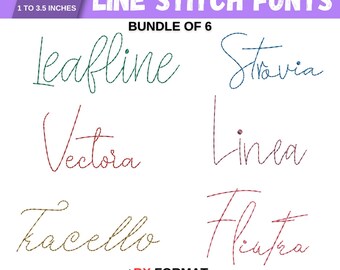May include: A digital bundle of six line stitch fonts in various colors, including green, red, and gold. The fonts are labeled Leafline, Stravia, Vectora, Linea, Kacello, and Flutra. The image also states the fonts come in 6 sizes, from 1 to 3.5 inches.