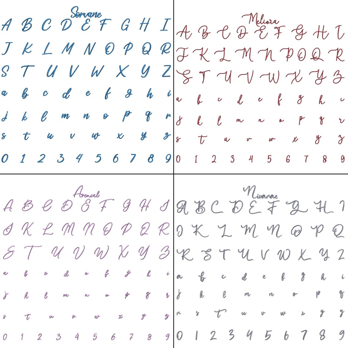 BX Cursive Machine Embroidery Font, Calligraphy Script Alphabet, Satin ...