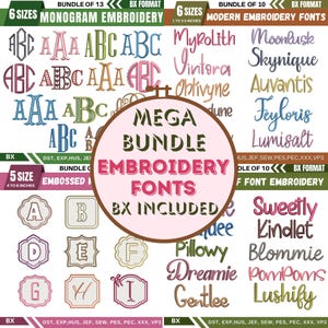 BX Broderitypsnitt Mega Bundle, Maskinbroderi-alfabet, Puff-präglat monogram, Modern handskriven, 10 format