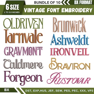 Puede incluir: Un conjunto de 10 diseños de bordado de fuentes vintage. La imagen muestra palabras como "OLDRIVEN", "Tarnvale", "GRAVMONT", "Caldmere", "Forgeon", "Brunwick", "Ashweldt", "IRONVEIL", "BRAVIRON" y "RUSTOVAR". Los tamaños varían de 2,5 a 8,9 cm.