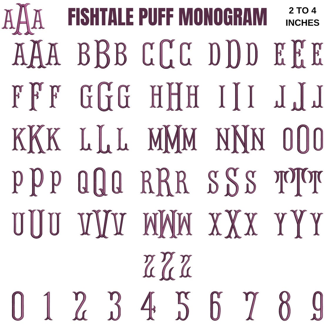 Fishtail Embroidery Monogram Font, 2 Color Embroidery Font, Puff ...