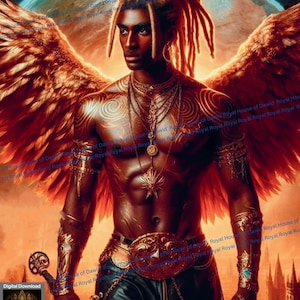 Puede incluir: Impresión de arte digital de una figura musculosa con alas doradas, joyería intrincada y una espada. La obra de arte presenta un fondo celestial con un planeta y una silueta de ciudad. La figura tiene rastas y tatuajes. The Royal House of Dawid.