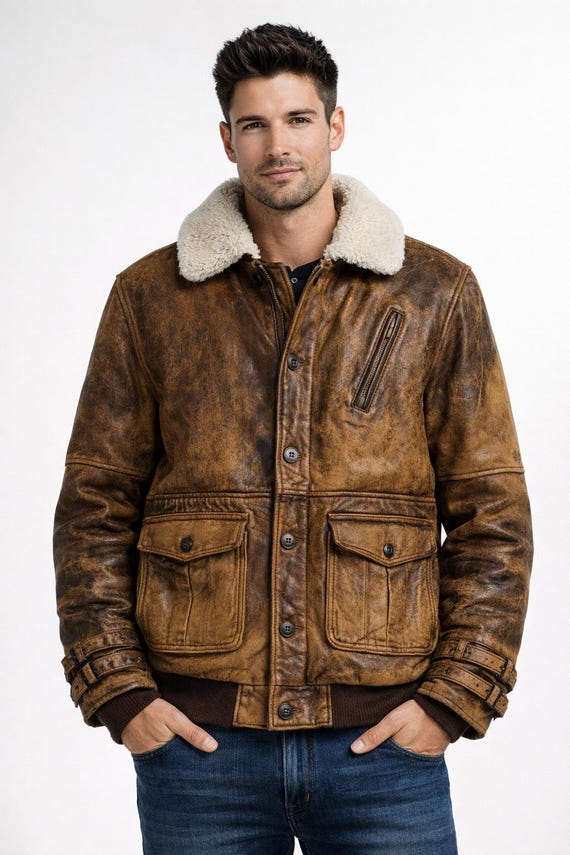 Distressed Brown Leather A2 Bomber Jacket, Air Force Aviator Style