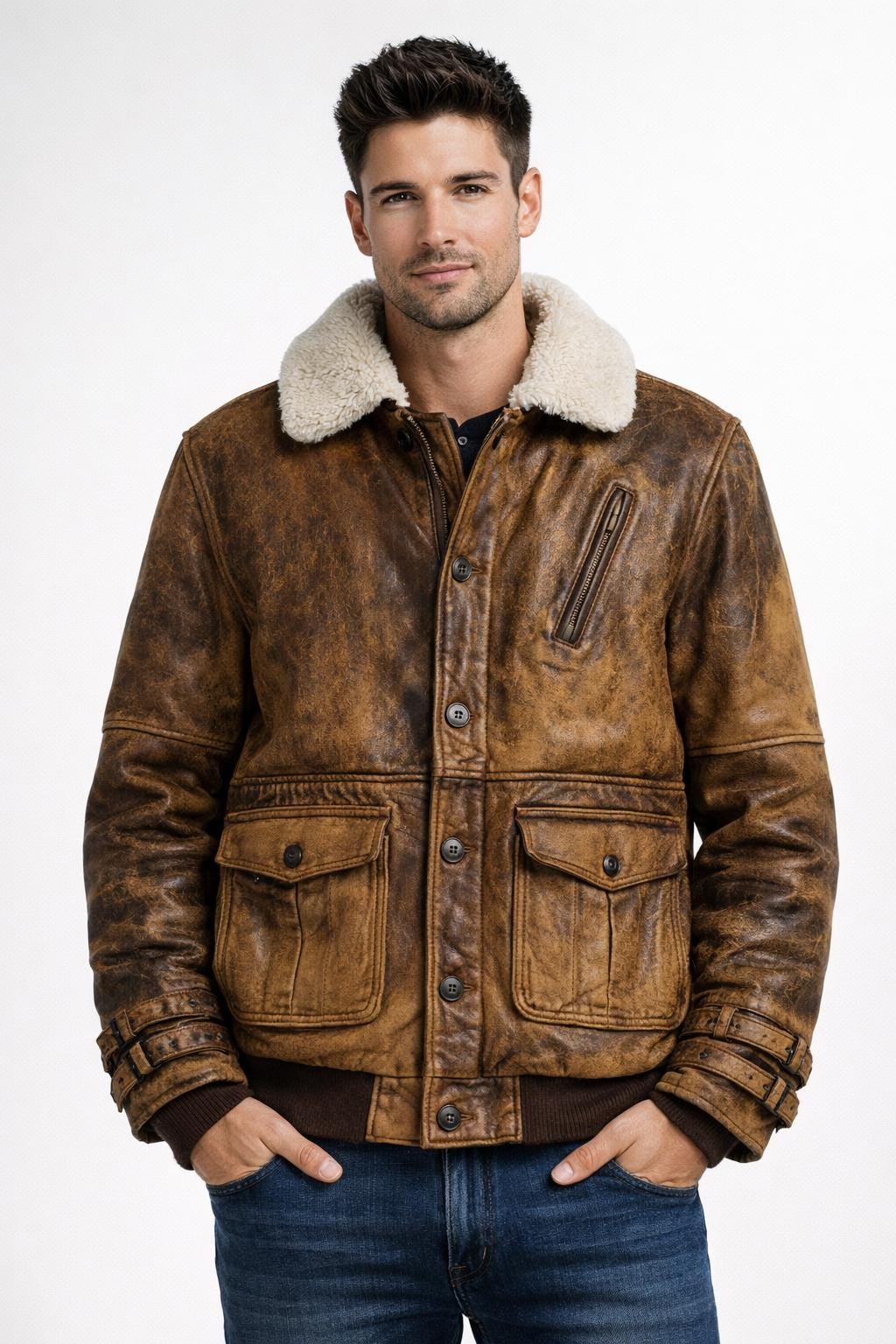 Distressed Brown Leather A2 Bomber Jacket, Air Force Aviator Style