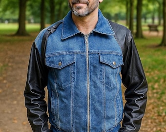 Giacca in denim blu da uomo con maniche in pelle / Giacca in jeans stile camionista / Capospalla casual classico