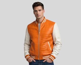 Orange and White Crocodile Embossed Leather Varsity Jacket | Handmade Bomber Streetwear Jacket