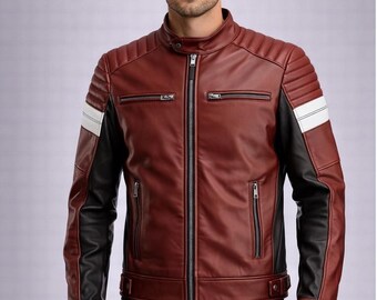 Men’s Red Black Lambskin Leather Biker Jacket – Asymmetrical Zip Motorcycle Moto Coat Slim Fit Rider Streetwear Outerwear Gift for Him
