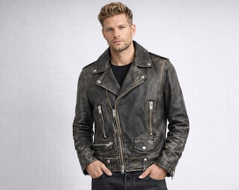 Herren Distressed Black Lambskin Biker Jacke | Asymmetrischer Reißverschluss-Motorradmantel