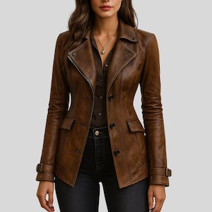 May include: A brown leather jacket with a classic design. The jacket features a notched collar, button closure, two front pockets, and adjustable cuffs. The jacket is worn over a dark brown button-down shirt and dark blue jeans.