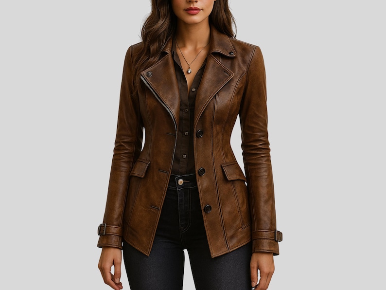 May include: A brown leather jacket with a classic design. The jacket features a notched collar, button closure, two front pockets, and adjustable cuffs. The jacket is worn over a dark brown button-down shirt and dark blue jeans.