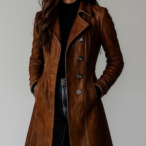May include: A brown leather coat with a double-breasted design. The coat features a notched collar, button closures, and pockets. The long coat is a classic style, suitable for various occasions. The model is wearing a black top and blue jeans.