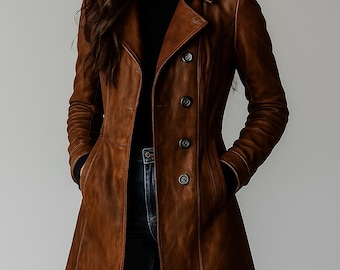 Women’s Coffee Brown Goat Suede Trench Coat | Handmade Genuine Leather Long Coat | Vintage-Inspired Button-Up Fall Jacket | Gift for Her
