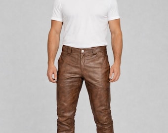 Men’s Brown Leather Pants | Lambskin Biker Trousers | Designer Style Leather Jeans | Waxed Café Racer Motorcycle Pant. Personalised Gift.