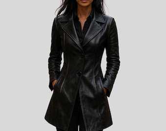 Women’s Handmade Black Leather Blazer | Vintage Genuine Lambskin Long Coat | Slim Fit Trench Style Jacket Leather Fall & Winter Gift for Her