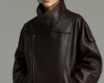 Chaqueta bomber extragrande para mujer / Abrigo de cuero auténtico estilo motero para mujer / Prenda de abrigo estilo vintage Y2K / Ropa urbana hecha a mano / Regalo para ella