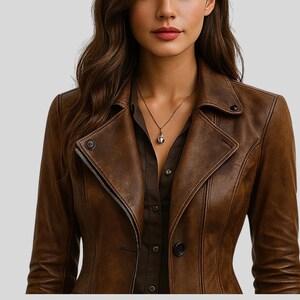 May include: A brown leather jacket with a notched collar, button closure, and a zipper. The jacket is worn over a dark brown button-down shirt. A gold necklace with a pendant is visible.