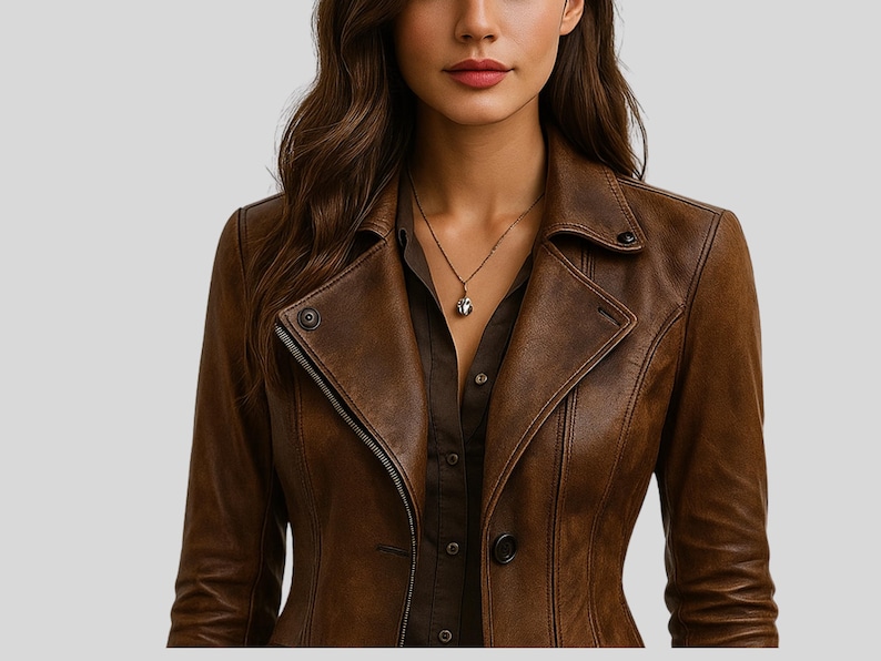 May include: A brown leather jacket with a notched collar, button closure, and a zipper. The jacket is worn over a dark brown button-down shirt. A gold necklace with a pendant is visible.