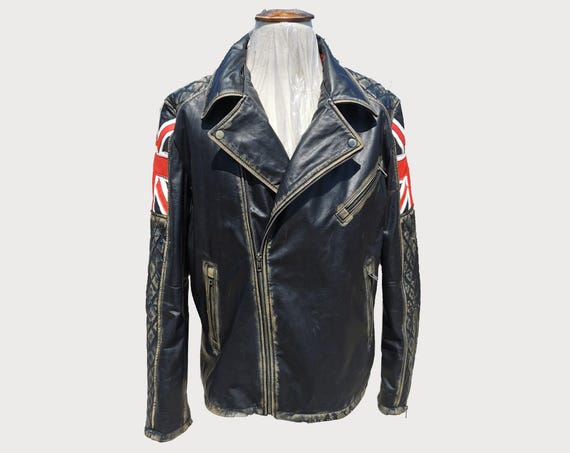 Men's UK Flag Leather Motorcycle Jacket British Union Jack Biker